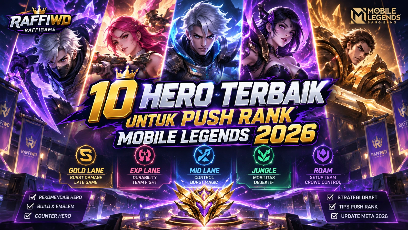 Panduan hero terbaik untuk push rank Mobile Legends 2026 berdasarkan role